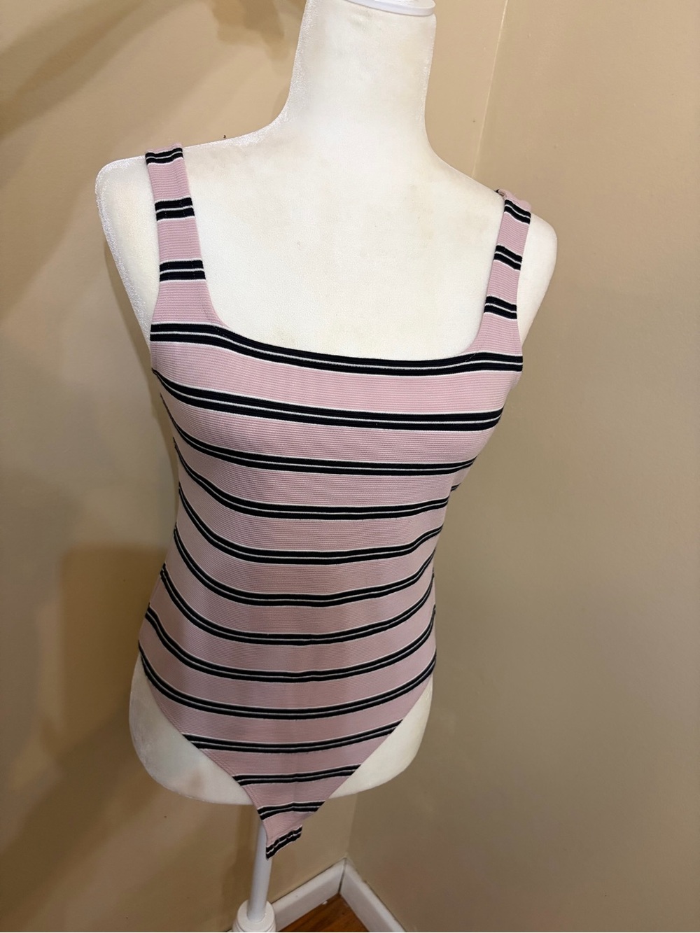 Express Pink and Black Striped Square Neck Bodysuit